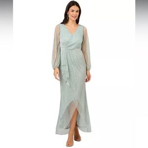 Adrianna Papell Light Blue Metallic Long Sleeve Mesh Evening Gown